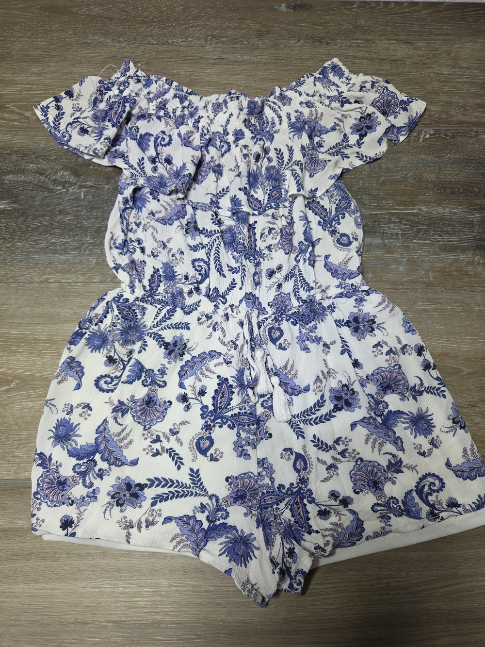Womens Off Shoulder Floral Paisley Romper Size M Blue White